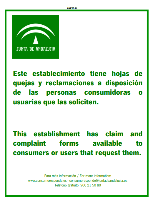 CARTEL HOJAS DE RECLAMCIONES JUNTA DE COMUNIDADES DE ANDALUCIA